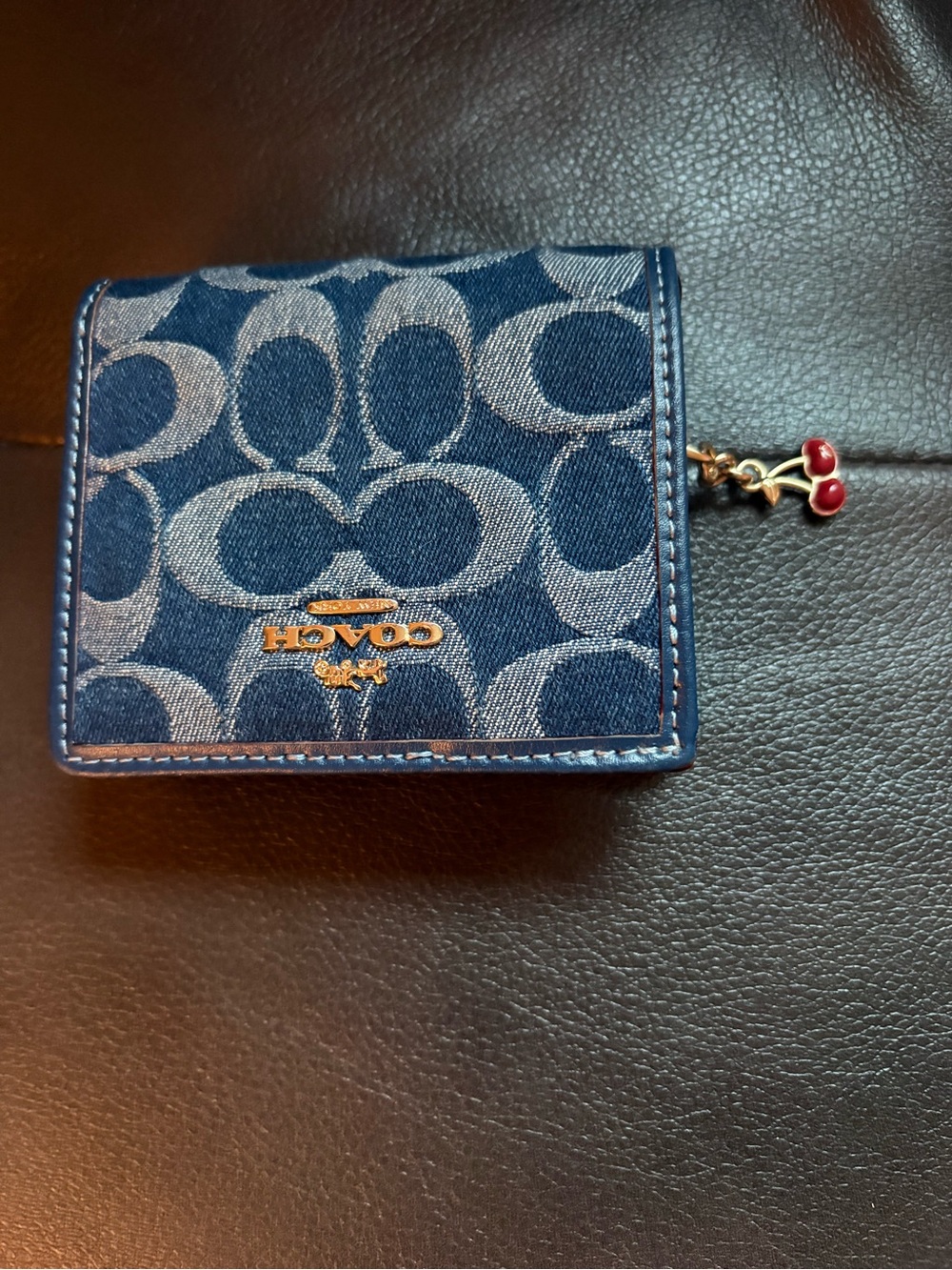 Coach Denim Signature Small Wallet with Cherry Charm - Blue & Red